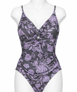 Women's Charcoal Gray & Lavender Floral Twist-Front One-Piece Swimsuit - Image 4