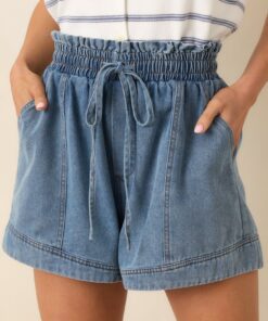 First Things First Medium Wash Cotton Drawstring Denim Shorts