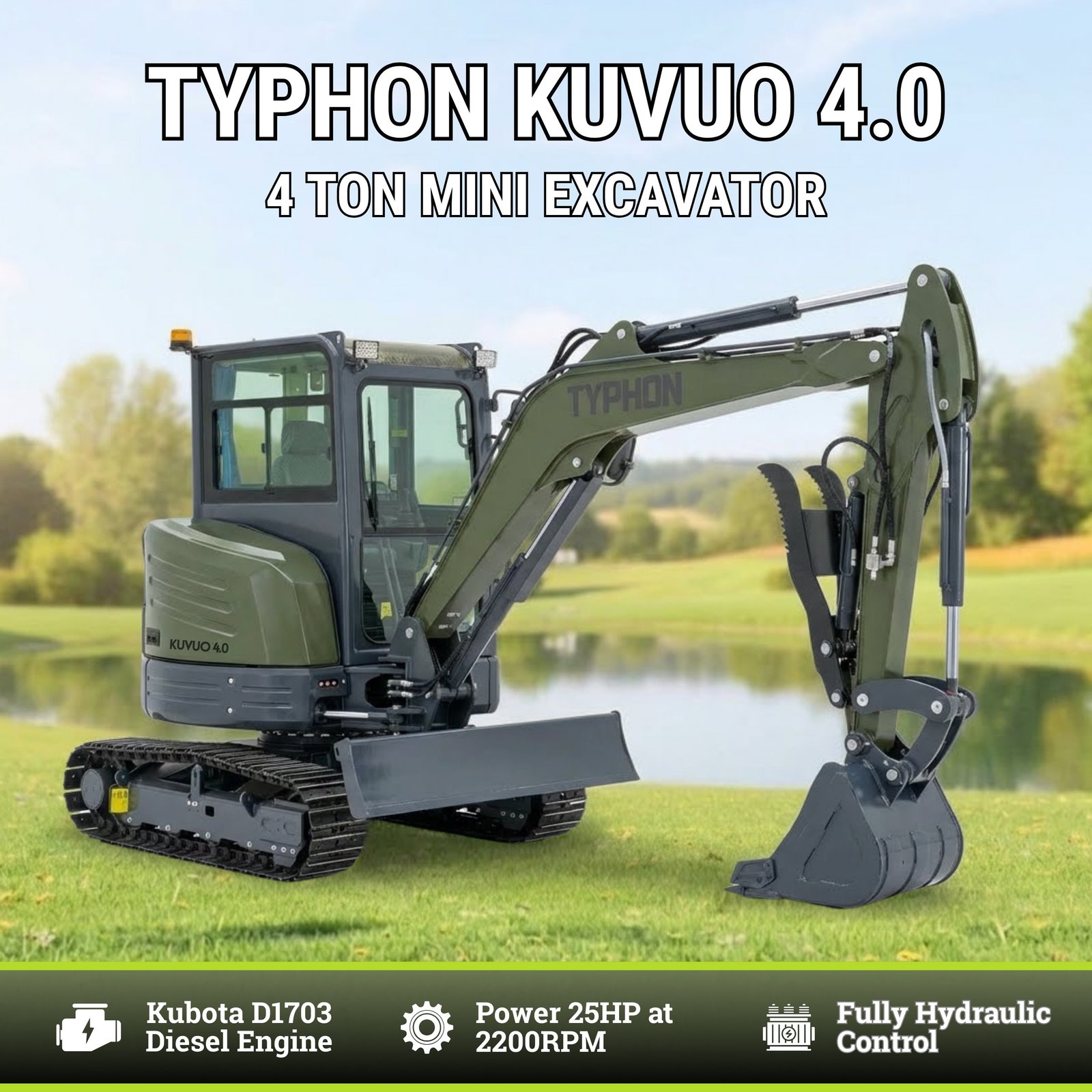 TYPHON KUVOU 4.0 mini excavator Kubota D1703 Diesel engine with 4Ton Operating Weight AC/ Heater - Image 10