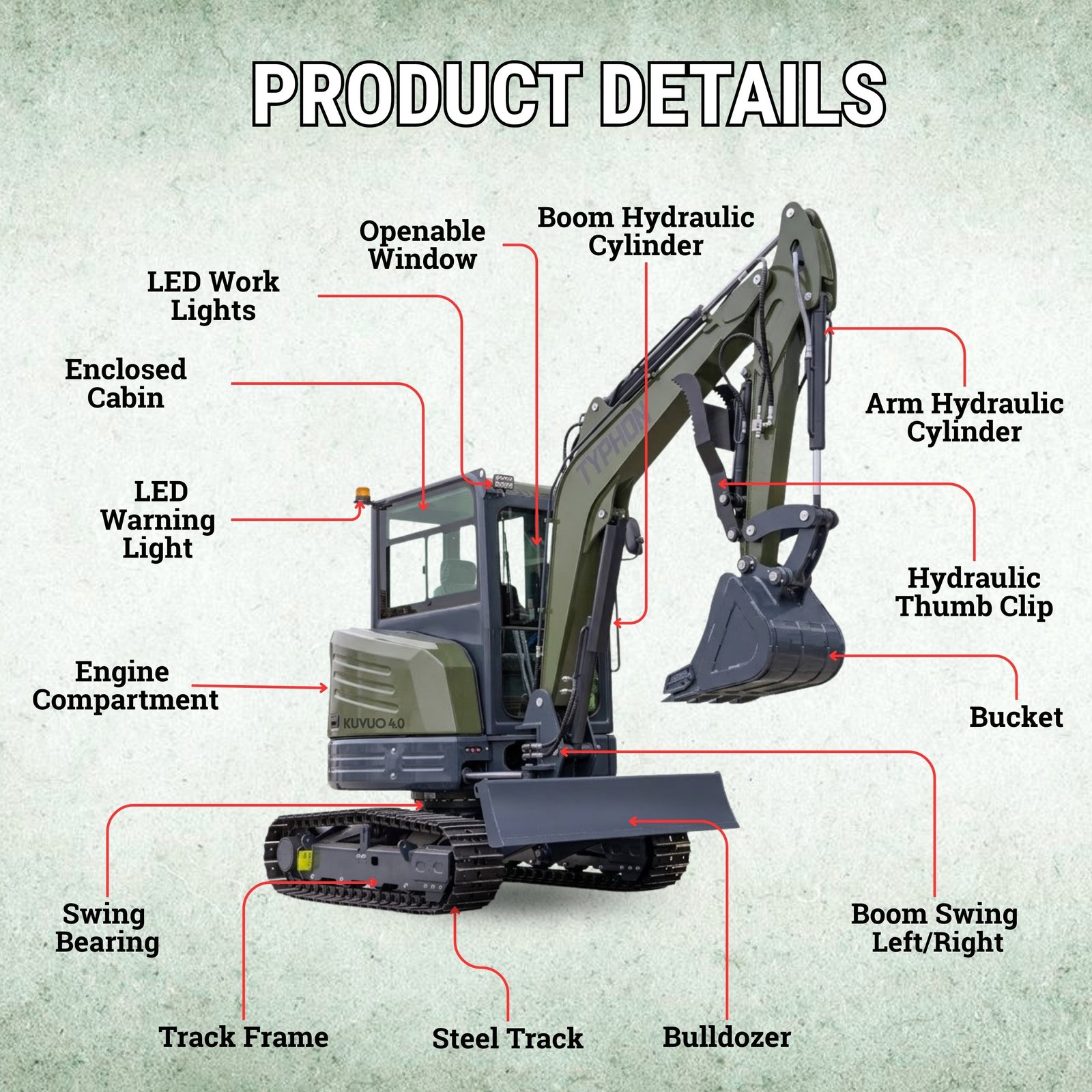 TYPHON KUVOU 4.0 mini excavator Kubota D1703 Diesel engine with 4Ton Operating Weight AC/ Heater - Image 3