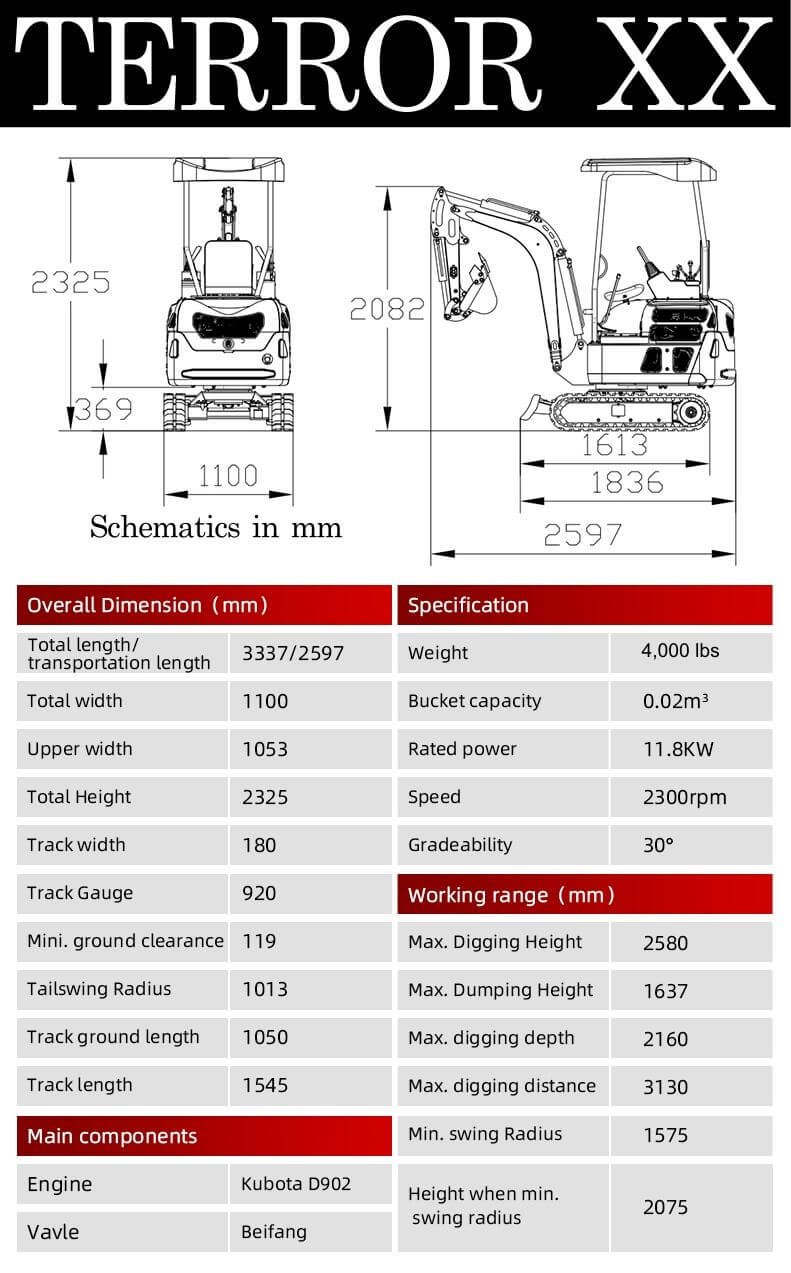 4,000 lb TYPHON TERROR XX Yellow Mini Excavator Kubota D902 Engine - Image 3