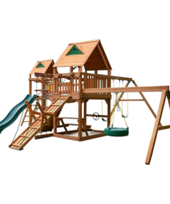 Gorilla Playsets Pioneer Peak Treehouse Wooden Swing Set with Tire Swing, and Clatter Bridge and Tower