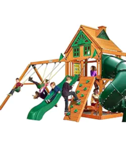 Gorilla Playsets Mountaineer Treehouse Wooden Swing Set with Tube Slide, Rope Ladder, and Sandbox