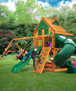 Alternative view of Gorilla Playsets Mountaineer Treehouse Wooden Swing Set with Tube Slide, Rope Ladder, and Sandbox